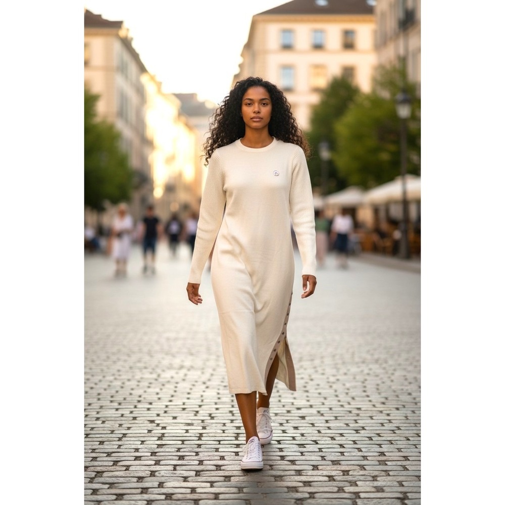 (E-150) Peace Love World Sweater Dress MP Medium Petite Ivory Cream Knit Side Sn